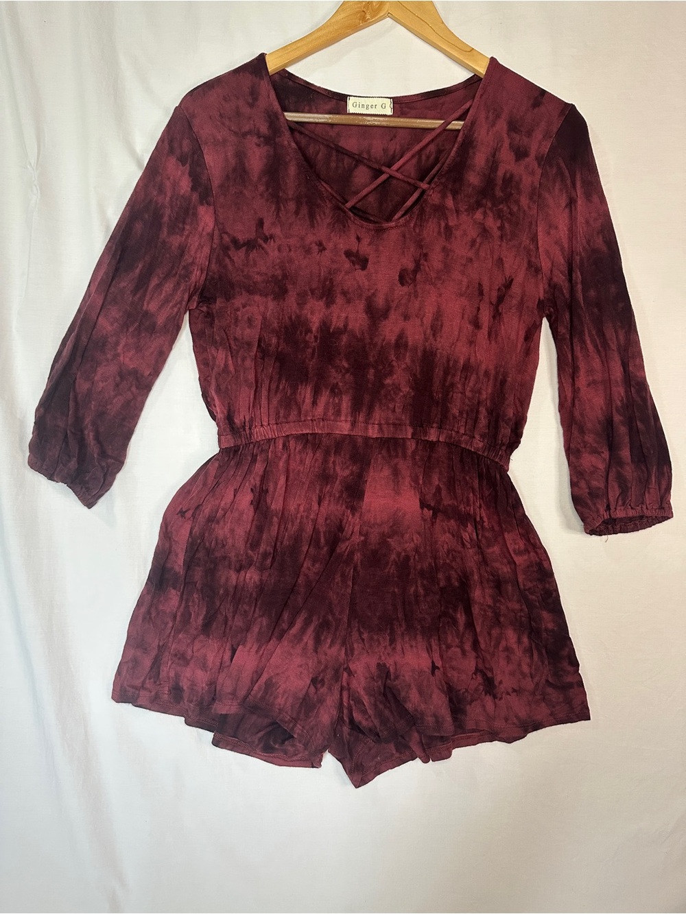 Ginger G Maroon Tie-Dye Crisscross Neck Romper